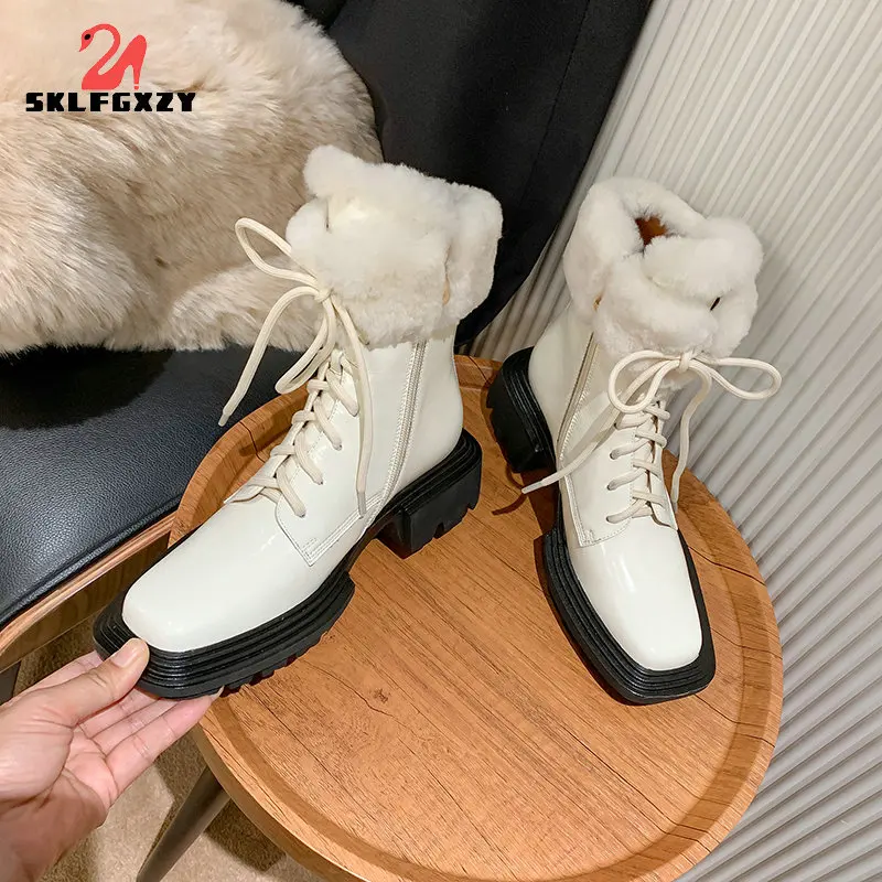 

Winter Woman Natural Fur Snow Boots Genuine Leather Women Motorcycle Boot Lace Up Warm Casual Shoes