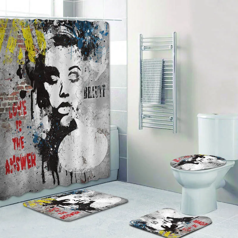 Modern Grunge Graffiti Girl on Wall Art Bath Curtains Shower Curtain Set for Bathroom Fashion Sexy Woman Brick Drawing Rug Decor