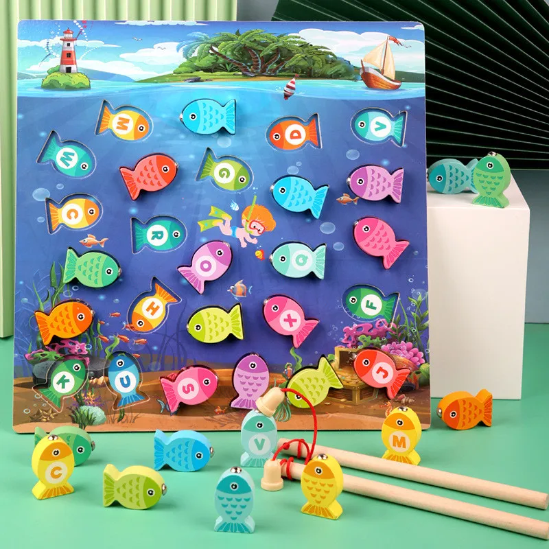 Montessori Baby Wooden Magnetic Fishing Game Toy Preschool Educational Cognition Color Letter Teaching Aids Outdoor Fish Toy