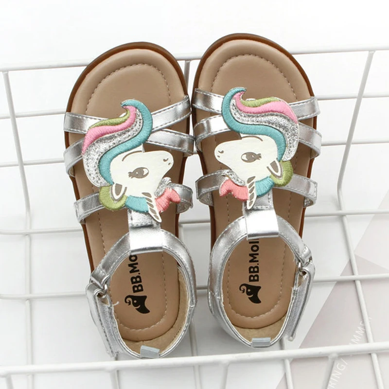 Toddler Girls Unicorn Sandals Sparkle Kids Summer Heel-capped Shoes Little Girls Birthday Party Slides Sandals Leather Princess