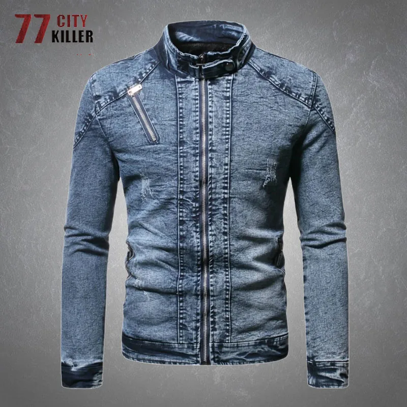 

Autumn Winter Denim Jacket Mens Fleece Warm Stand-up Collar Zipper Moto Biker Jean Jackets Male Casual Solid Color Denim Coats