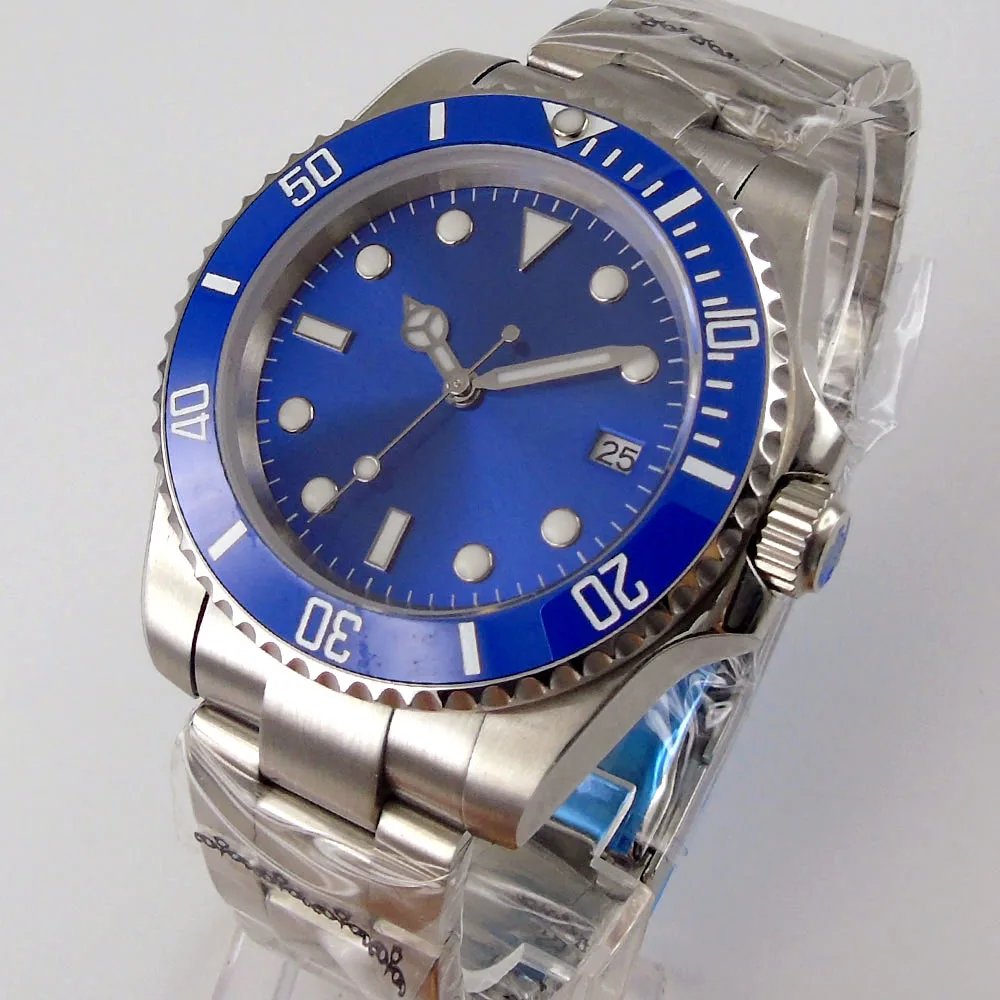 

40mm Sterile Blue Dial Sapphire glass Date Blue Ceramic Insert Bezel Steel Automatic NH35A MIYOTA 8215 Mechanical Men's Watch