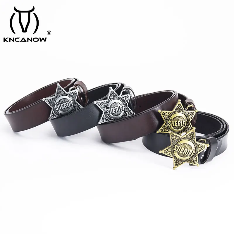 Fashion Wild Genuine Leather Belt Men Metal Buckle Retro Hexagram Sheriff Star Badge Waistbands Bold Hip Hop Street Dance Strap