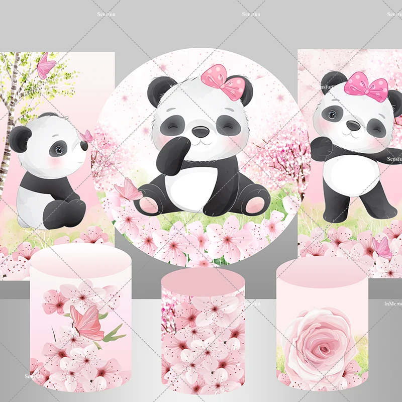 Newbron Baby Shower Girl Birthday Round Background Spring Flower Pink Panda Backdrop for Photo Studio Candy Table Plinth Cover