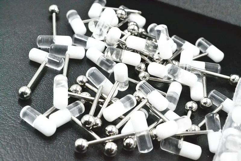 Free Shipping 50pcs Body Jewelry Acrylic Clear Pill Ball Tongue/ Nipple Ring Barbells Bar 14G~1.6mm Retainers Piercing Jewelry