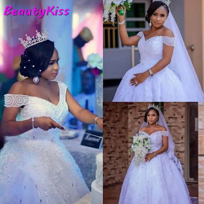 Vestido de novia de princesa de perlas de cristales de lujo, vestido de baile africano con hombros descubiertos, apliques de encaje con cuentas, vestidos de novia de talla grande