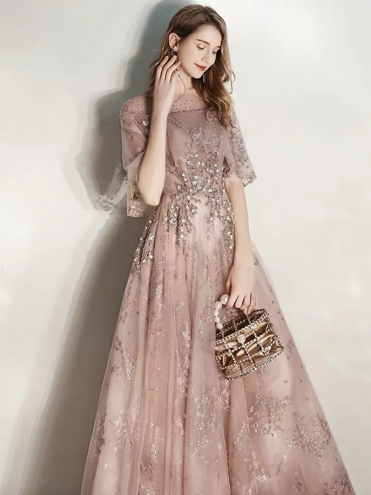 Neue Tüll lange Ballkleider halbe Ärmel Luxus Perlen schiere Hals Brautjungfer Kleid elegante Hochzeit Bankett formelle Kleid Party