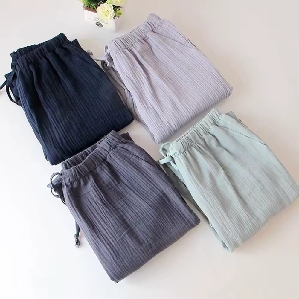 100% Gauze Cotton Home Drawstring Trousers Loose Thin Sleeping Trousers Home Pants For Couples Pajama Pants Sleepwear Women