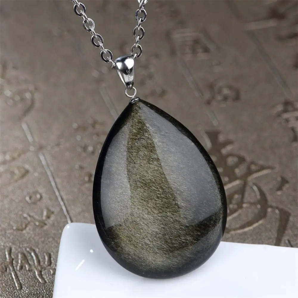 Top Natural Gold Obsidian Pendant Necklace For Women Men Crystal Water Drop Beads Luck Wealth Stone Silver Chains Jewelry AAAAA