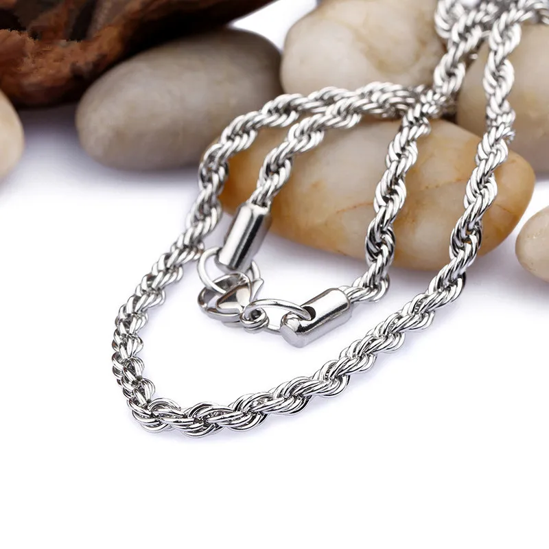 Fashion Men's Stainless Steel Chain Necklace 3MM Titanium Steel Twisted Link Necklace Hip Hop Rock Jewelry Length 18-28inches