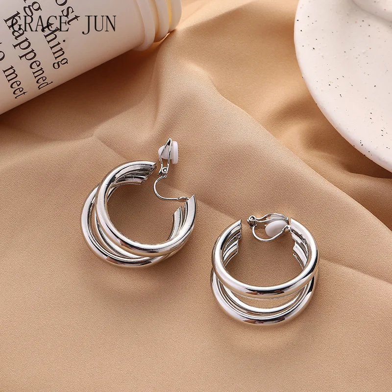 GRACE JUN Fashion Vintage C shape Hoop Clip on Earrings for Women Non Pierced  Earrings Party Birthday Cute Ear Clips 2021 New