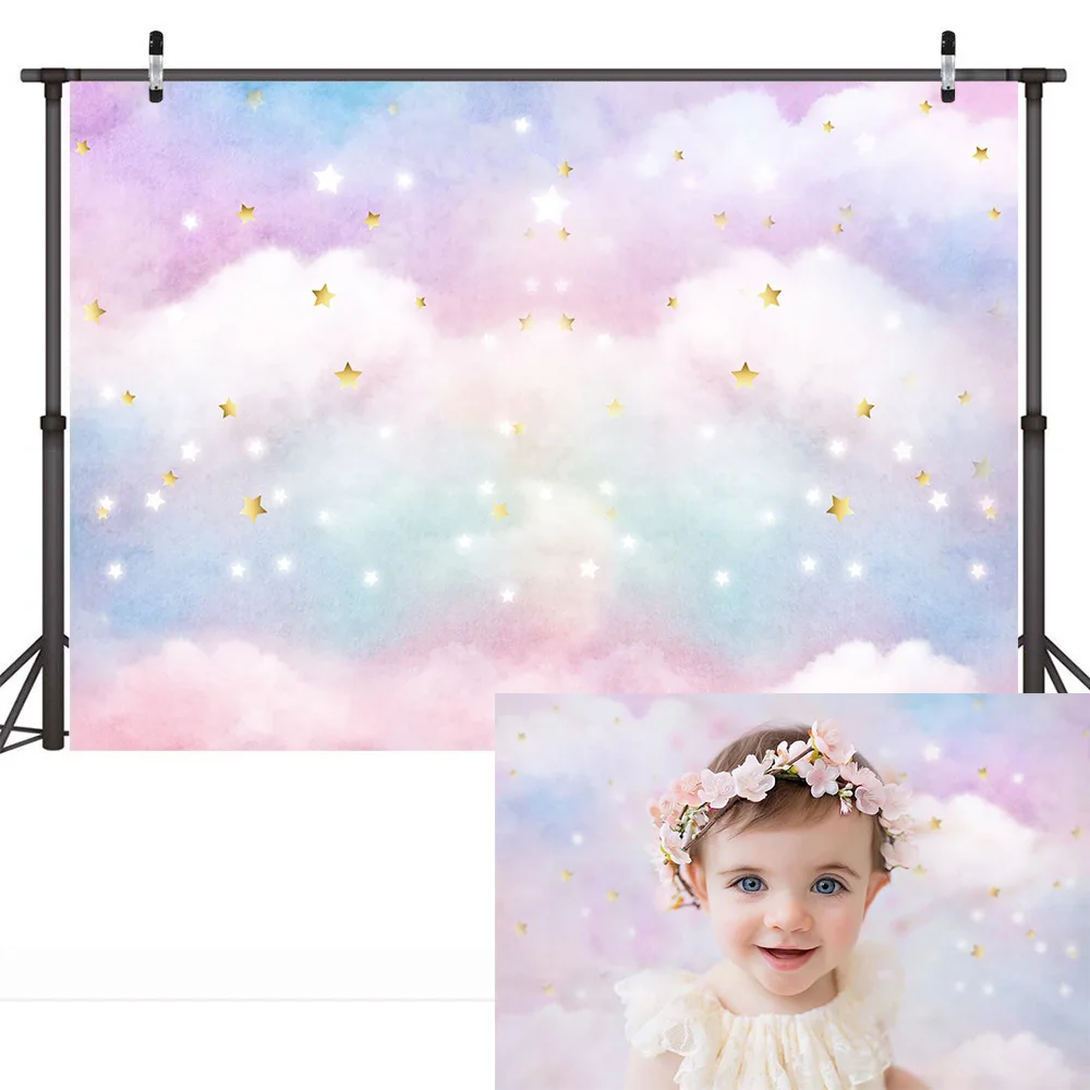 Pano de fundo para fotos de aniversário, tema de arco-íris em nuvem com estrelas douradas, para recém-nascidos, retrato de fundo para fotografia
