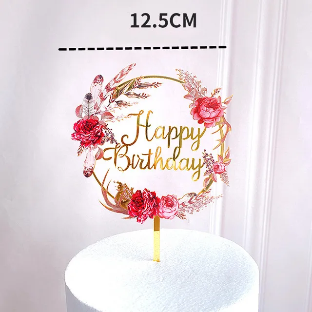 Neuer Happy Birthday Kuchenaufsatz mit Blumenmotiv, Goldener Acryl-Dessert-Dekor für Babyparty-Geschenke – Detail 15