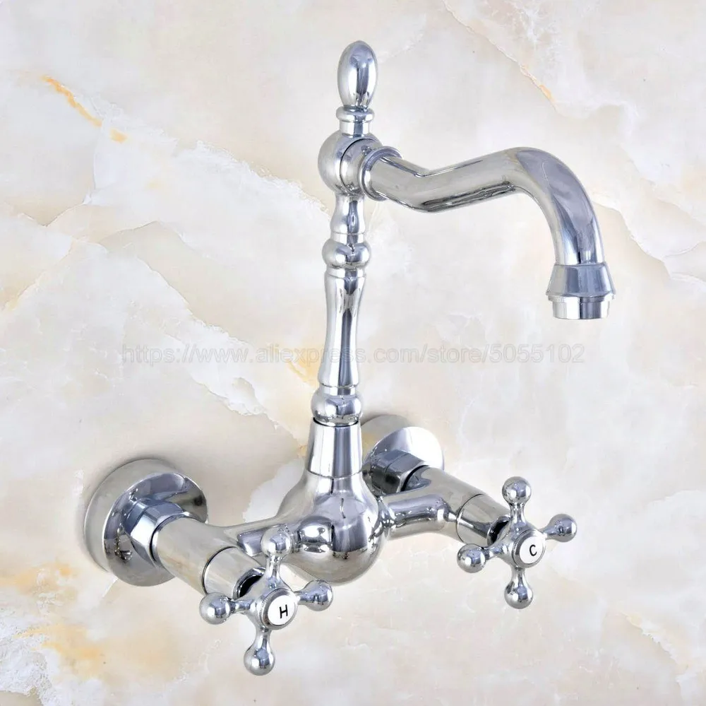 

Polished Chrome Wall Mounted Swivel Spout Bathroom Sink Faucet Double Handle Mixer Tap Wall Mounted znf578