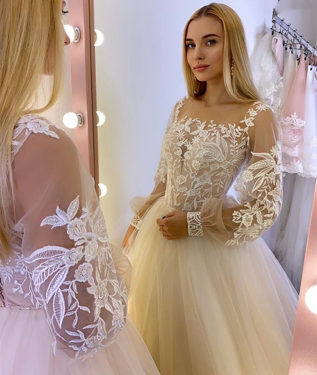 Renda apliques a linha organza tule vestido de casamento para as mulheres manga longa rendas até o chão comprimento elegante corset vestido de casamento