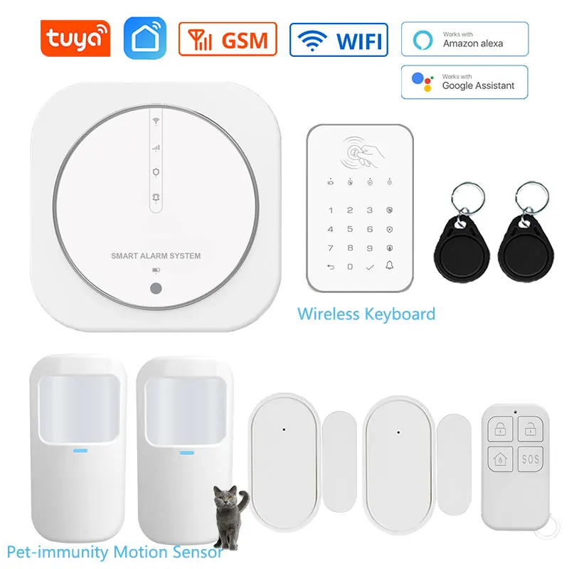 Système d\'alarme pour maison connectée Tuya, wi-fi, GSM, clavier tactile, carte RFID, télécommande avec détecteur 433MHz, capteur, compatible avec