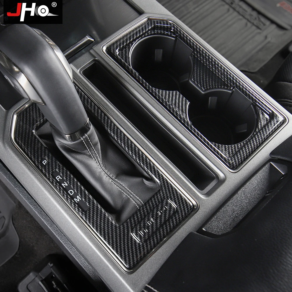 JHO ABS Carbon Fiber Grain Gear Shift Water Cup Holder Panel Cover Trim for Ford F150 2016-2020 Raptor Limited 2017 2019 2018