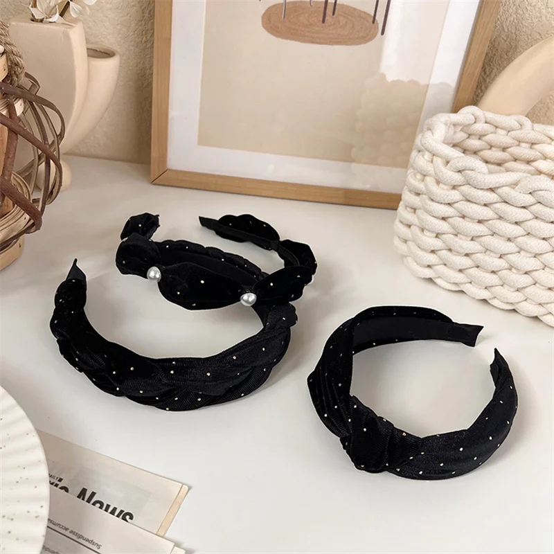 Retro Velvet Wide-Brimmed Pearls Headband Fashion Black Hair Hoop Womens Girl Rhinestone Hair Bands Braided Hair Accessories