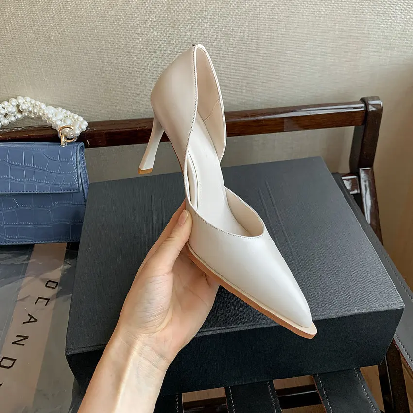 QUTAA 2021 Spring Summer Pointed Toe Shallow Women Pumps Genuine Leather Fashion Thin High Heel Hollow Female Shoes Size 34-39