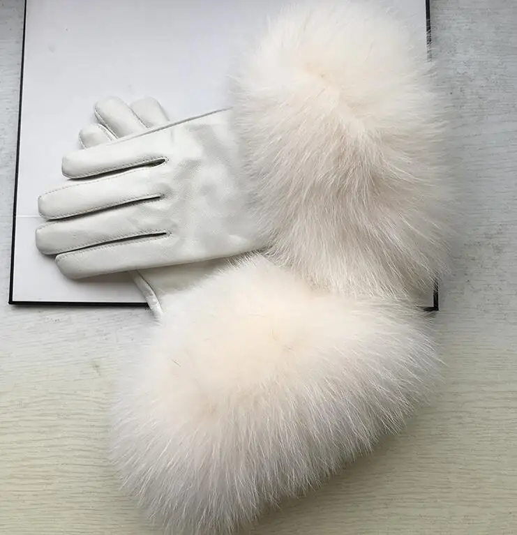 Women's natural big fox fur genuine leather glove lady's warm natural sheepskin leather plus size white driving glove R2451