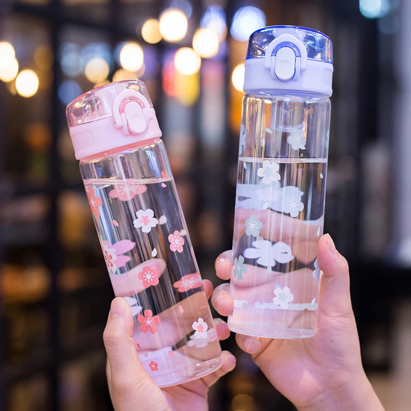 Kawaii Sakura Glass Water Bottle Portable Leak Proof Transparent Drinking Bottle For Girl Travel Sports Bouncing Cup Lid Bottles