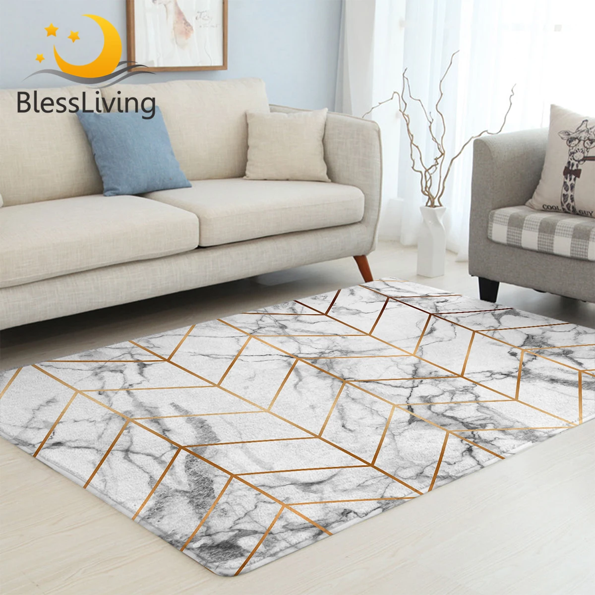 

BlessLiving Marble Livingroom Carpet White Grey Golden Area Rug Modern Comfortable Bedroom Carpet Anti-slip Realistic Tapete