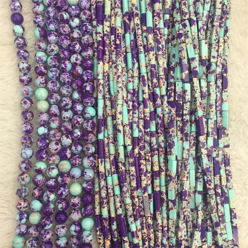 2*4mm 4*13mm Blue Purple Imperial Jasper Heishi Disc Shape Bracelet Round Tube Rectangle Sea Sediment Turquoise Stone Beads