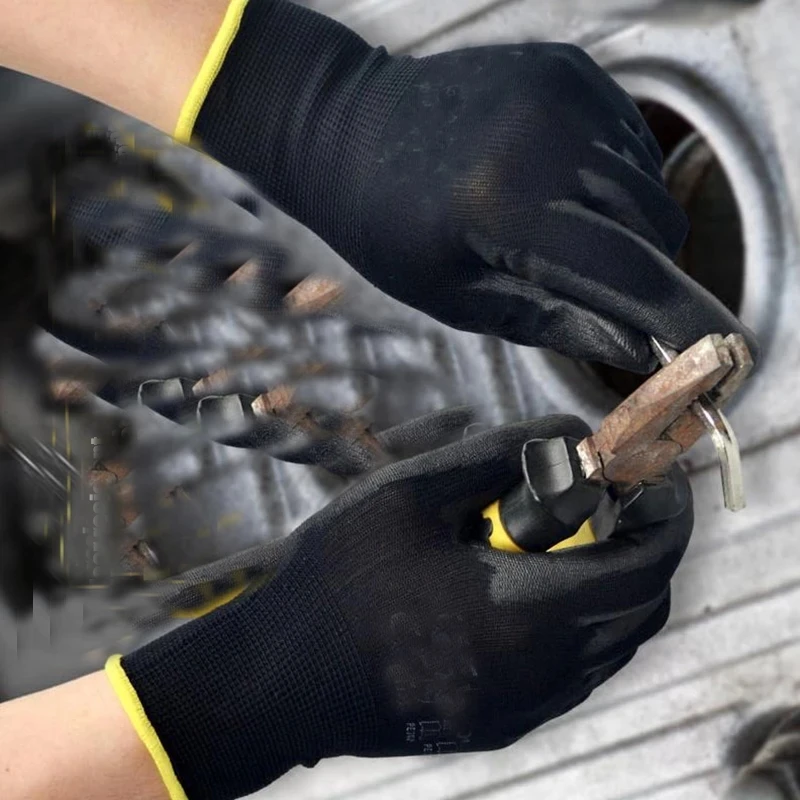 Guantes de trabajo recubiertos de seguridad de nitrilo, Guantes Recubiertos de PU y Palma, guantes de seguridad adecuados para vehículos de