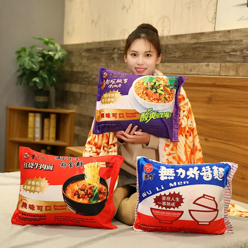 Kawaii Simulation Beef Fried Instant Noodles Plush Toys Pillow With Blanket Stuffed Gifts Cloth Cushion Food Doll