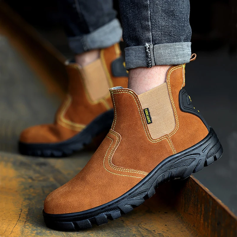 men's fashion steel toe caps work safety shoes genuine leather worker boots platform security ankle botas masculinas seguridad