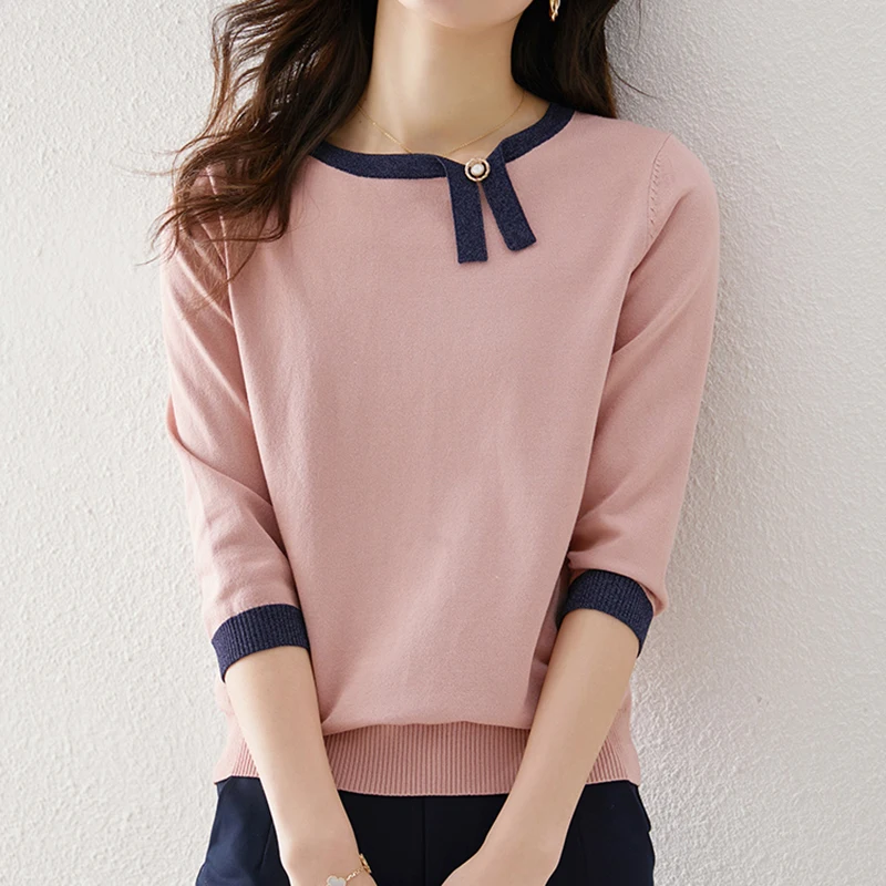 Bright Silk Knitted T Shirt Women 2023 Summer Korean Fashion Beading Tops Casual O-Neck Tee Shirt Woman Clothes Poleras Mujer