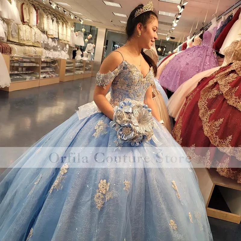 Gaun Quinceanera Biru Muda Applique Renda dari Bahu Manis 16 Gaun Prom Vestidos De Quinceañera 2021