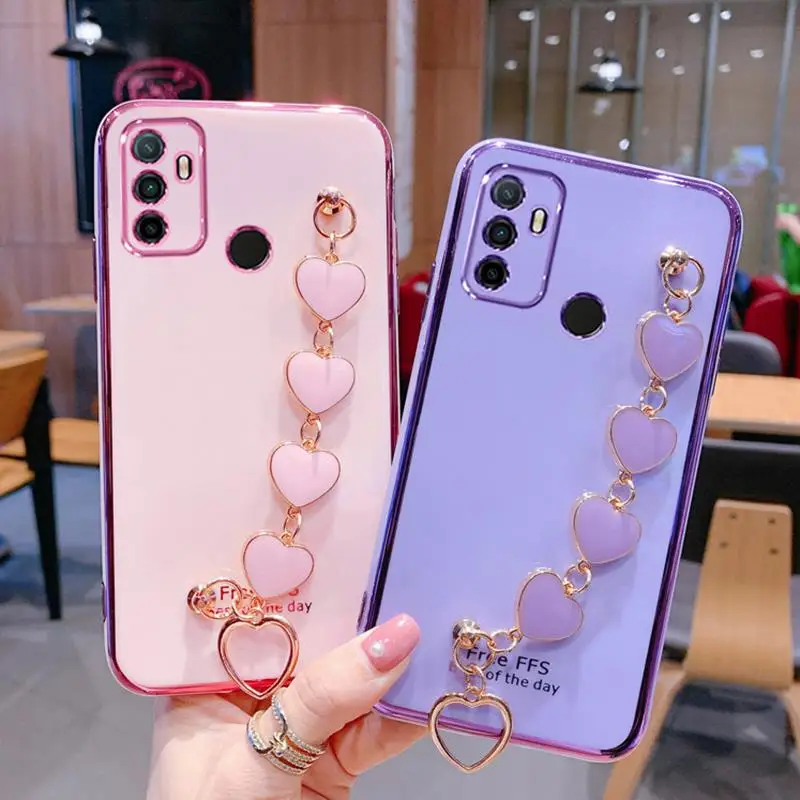 Wrist Bracelet Phone Case for Oppo A53 2020 Case Luxury Love Heart Chain Plating Cover Capa oppo A53S A32 A53 2020 Soft silicone