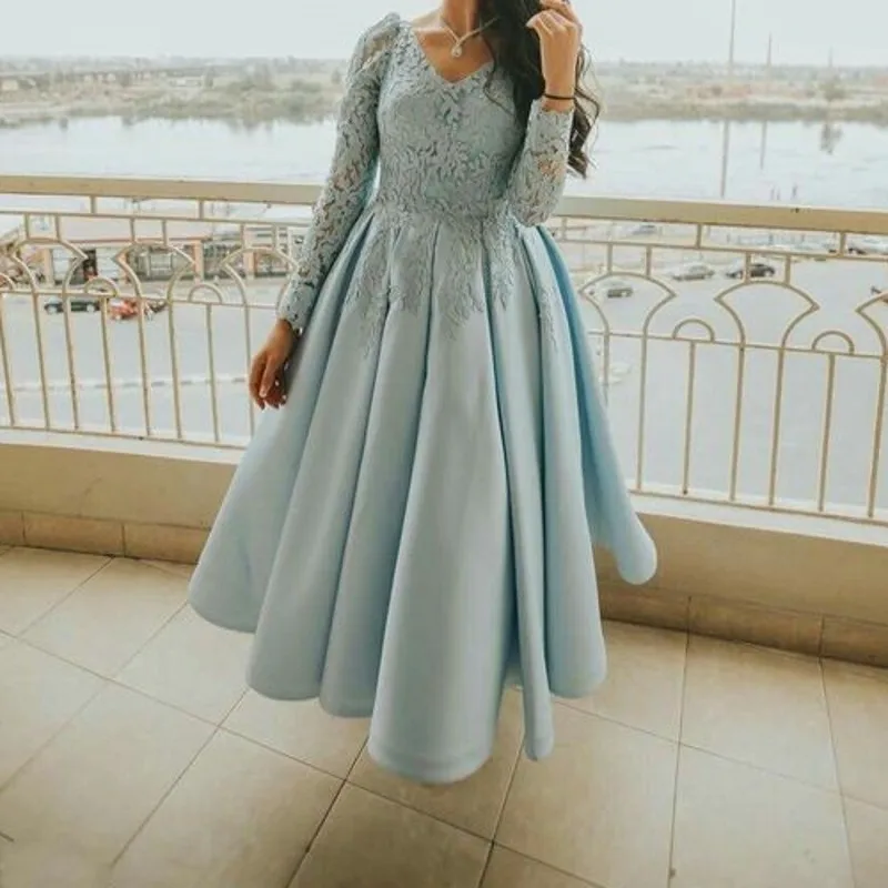 Robe de soirée en dentelle bleu ciel pour femmes, haut Vintage, ligne a, robe de bal, de Cocktail, de Gala, de fête, 2020