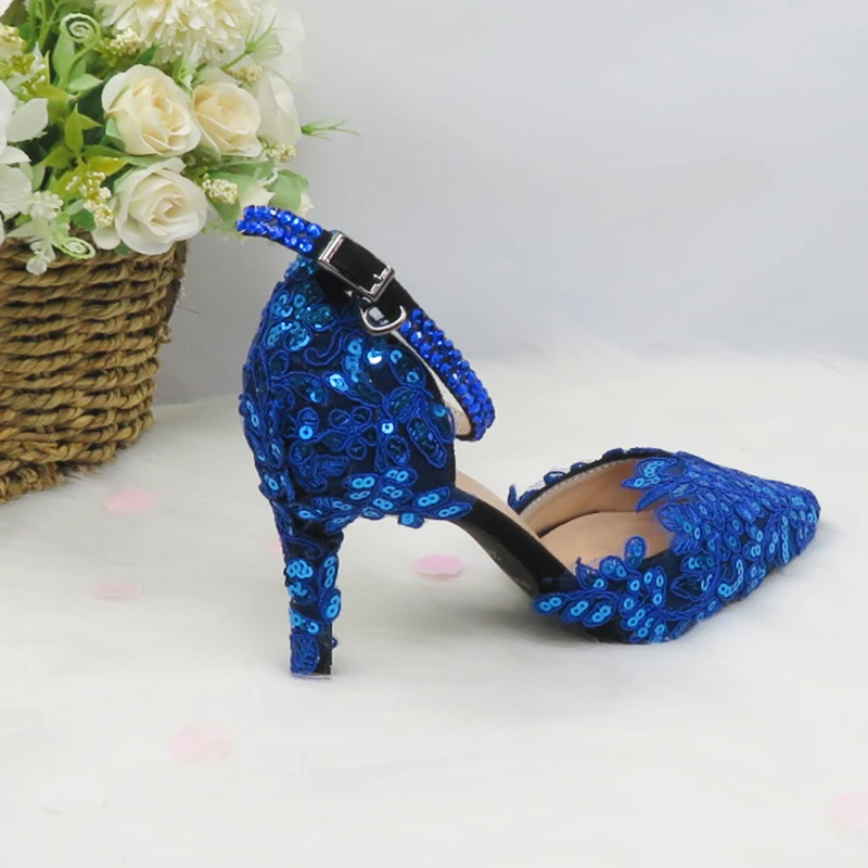 BaoYaFang Blue Lace flower wedding shoes women Bridal High heels  Platform shoes woman party dress shoes super big size 45