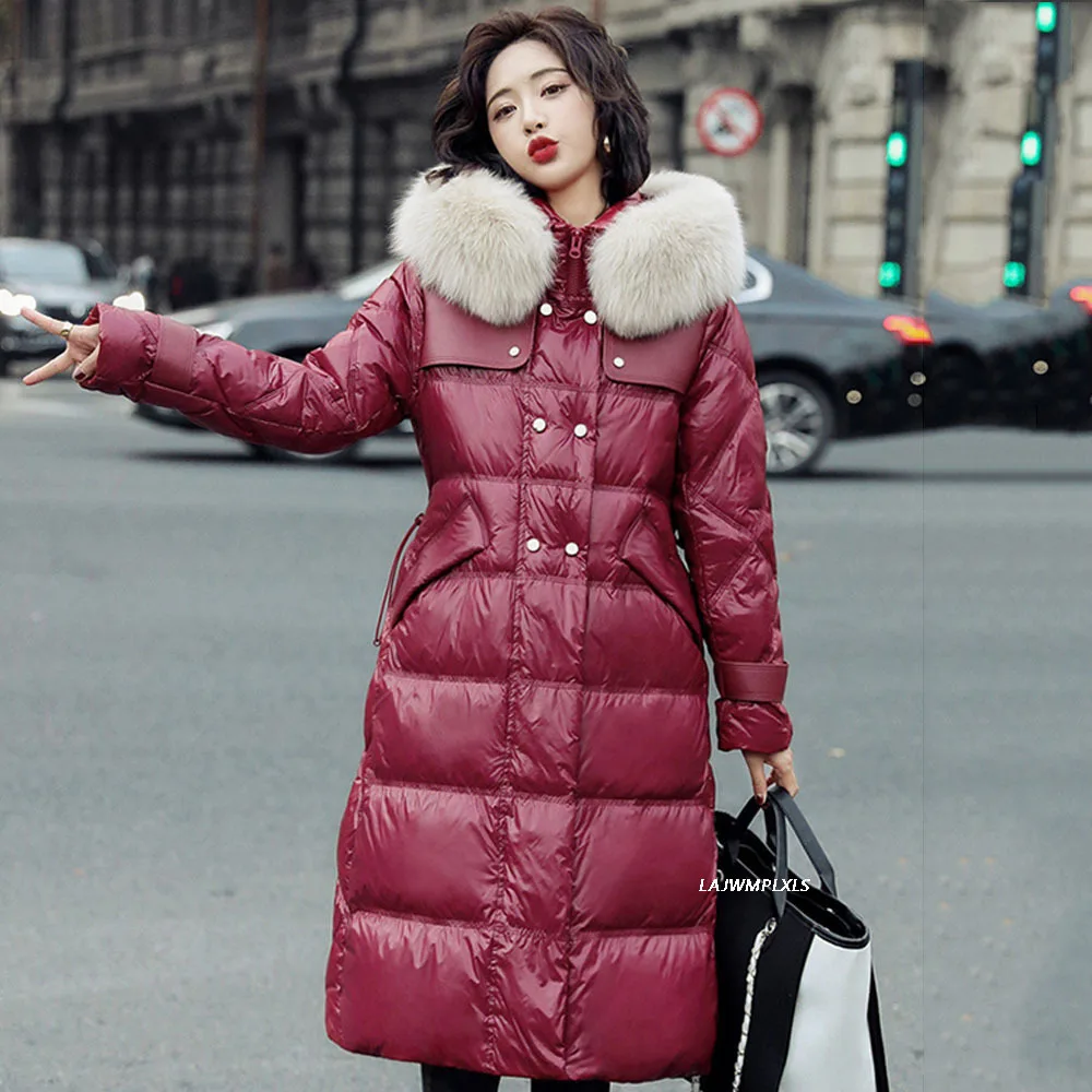 High Quality Luxury Women Down Coats Real Fox Fur Collars Adjustable Waist Winter Warm Long 90% White Down Jackets Outerwear