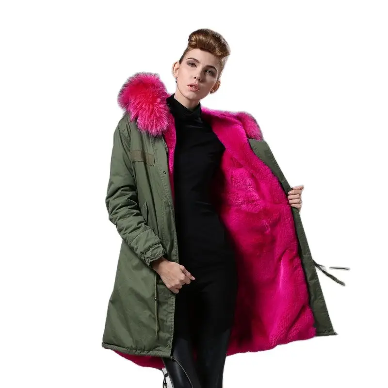 Veste longue en fourrure de raton laveur véritable pour femme, col de chien, parka chaude, manteau vert armée, rose chaud, mode, haut, hiver, M. et Mme