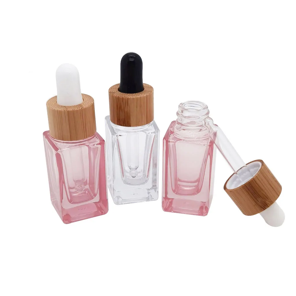 

500pcs 10ml Empty Square Rose Gold Clear Glass Bottle With Natural Bamboo Dropper Travel Cosmetic Essential Oil Serum Vials