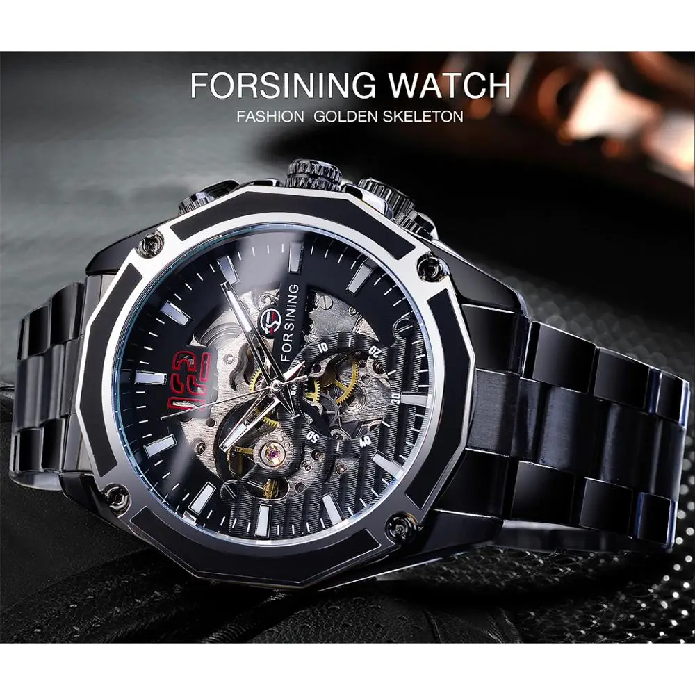 Forsining-Reloj de pulsera para hombre, accesorio masculino de acero negro Steampunk, con esqueleto militar, automático, mecánico