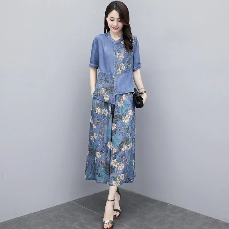 Female Splicing Denim Wide-Leg Pants Suit 2022 Summer New Women Korean Age-Reducing Fashionable Hakama Two-Piece Suit Printing