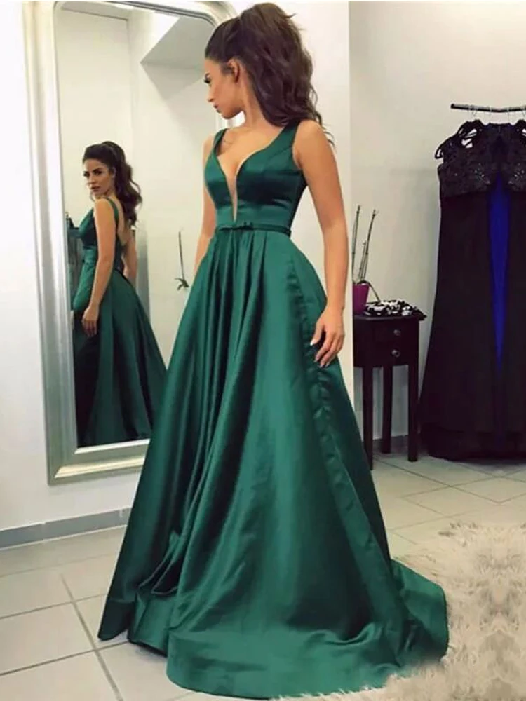 LORIE V-neck Prom Dresses Satin Party Maxys Long Prom Gown Evening Dresses 2020 Sleeveless Open Back Robe De Soiree Plus Size