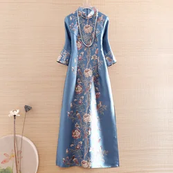 Chinese Style Jacquard High-end Autumn Women Vintage Royal Dress Cheongsam Ethnic Elegant Lady Party Qipao Dress S-XXL