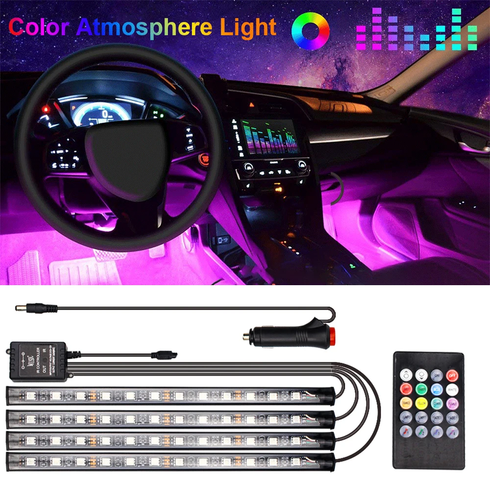 

Car Atmosphere Light One for Four Music Rhythm Lights Voice Control Car Atmosphere Light RGB Decorative Atmosphere Light Bar