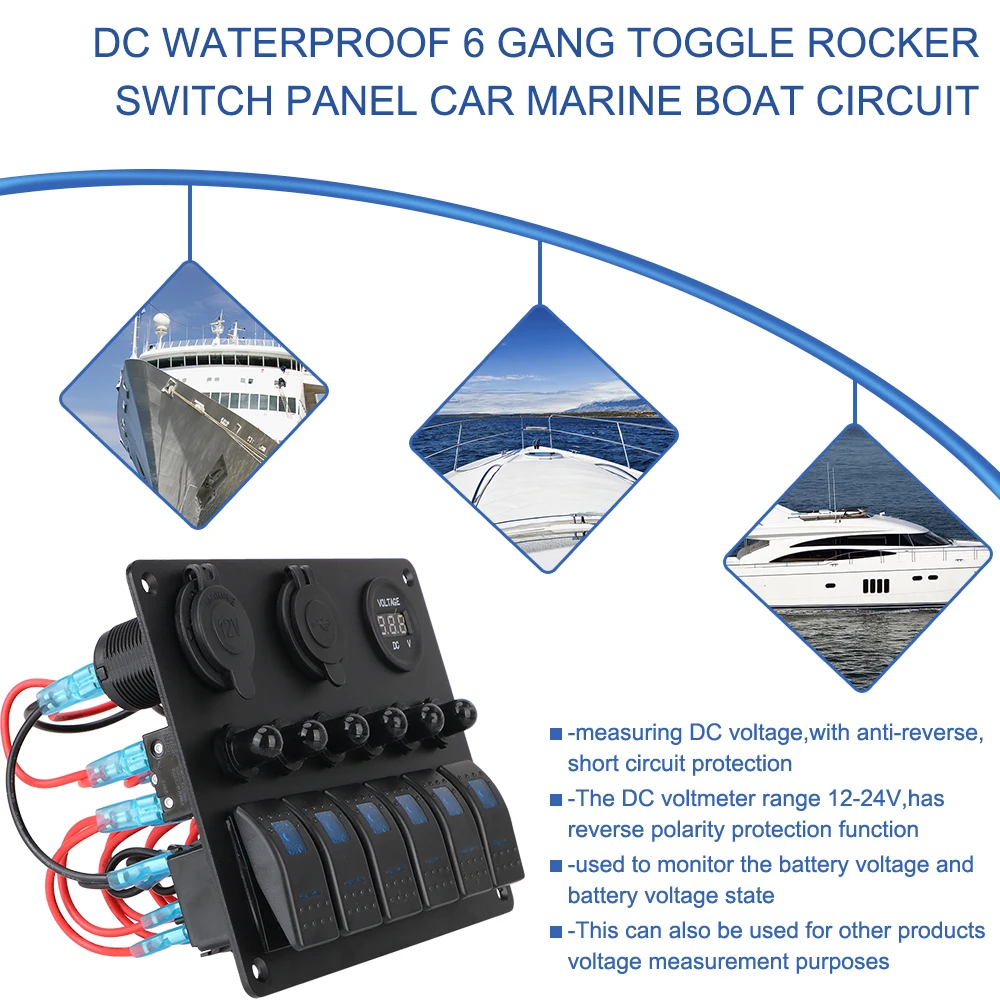 24V 12V 6 Gang Switch Panel Car Light Toggle Buttons With Volt Test USB Chargers 3.0 Cigar Lighter Adapter Accessories For Boat