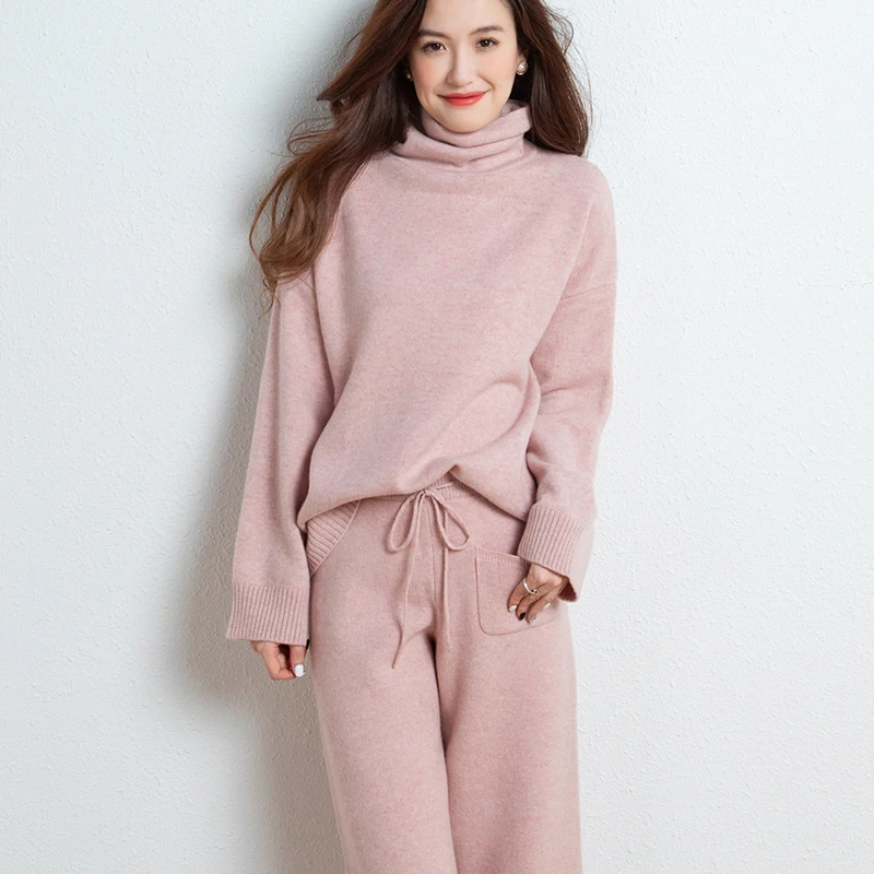 2023 autumn and winter new cashmere suit female turtleneck sweater two-piece fashion loose knitted  pure wool wide leg pants