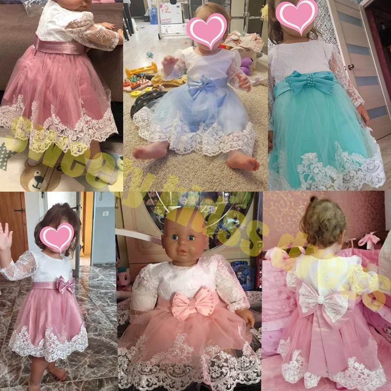 Vestidos de manga larga para niña recién nacida, vestidos de fiesta de boda para niña, vestidos de encaje con lazo grande, vestido de bautismo de