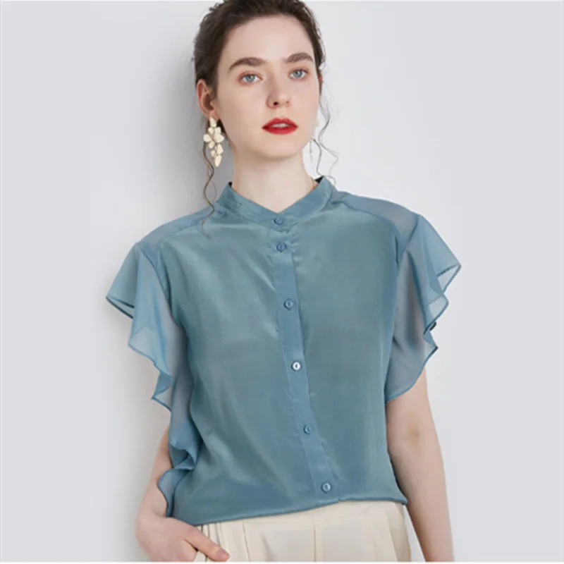 

Silk Blouse Women Summer New Style Fog Blue Shirt Fashionable Foreign Style Mulberry Silk Blouse Outdoor Travel College Clothes