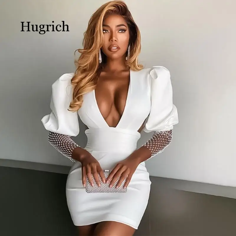 

White Bodycon Women Long Sleeve Bodycon New Fashion 2021 Summer Sexy Deep V Neck Backless Club Party Dress