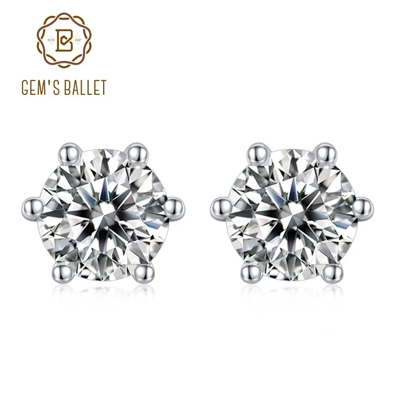 GEM'S BALLET 6 Prong Moissanite Earring 925 Sterling Silver Bright 5mm Round Stud Earrings Jewelry For Women Wedding