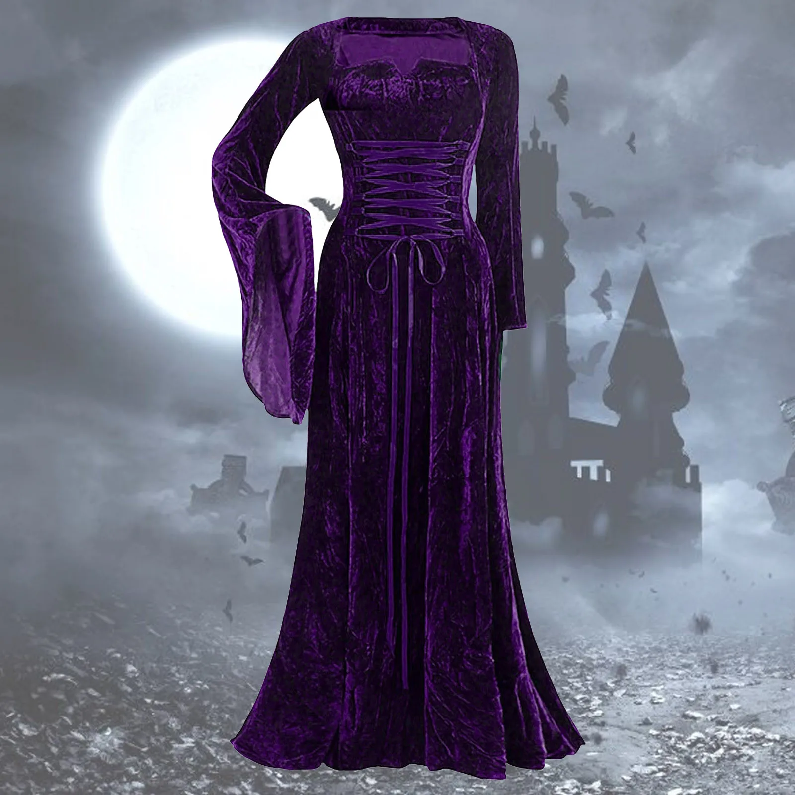 Vintage Gothic Dress For Women Autumn Solid Elegant Elven Long Dress Medieval Cosplay Robe Long Sleeve Floor Length Vestidos